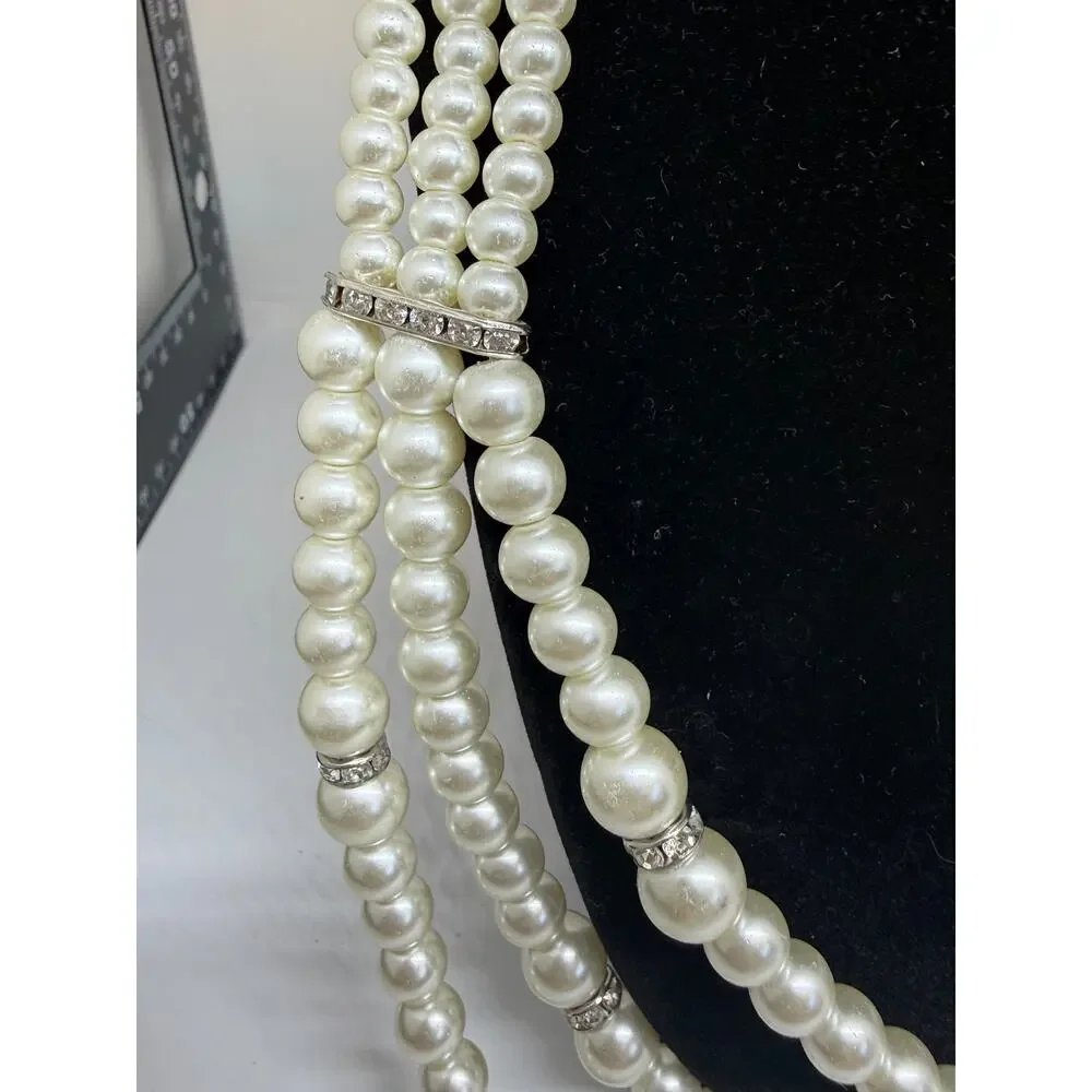 Triple Strand Faux Pearls Rhinestone Statement Necklace Layered Wedding Coquette